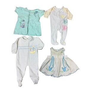 Vintage Baby Clothes Lot of 4 Dimi Footed Sleepers Embroidered Dress 18mo - BL